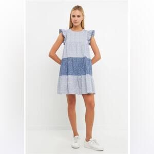 English Factory NWT Micro Floral Ruffled Tiered Mini Dress Blue & White S